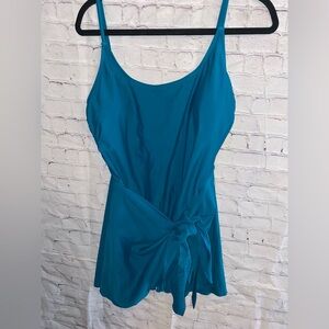 NWT Cupshe Teal Blue One-Piece Swimdress with Side Tie Skirt